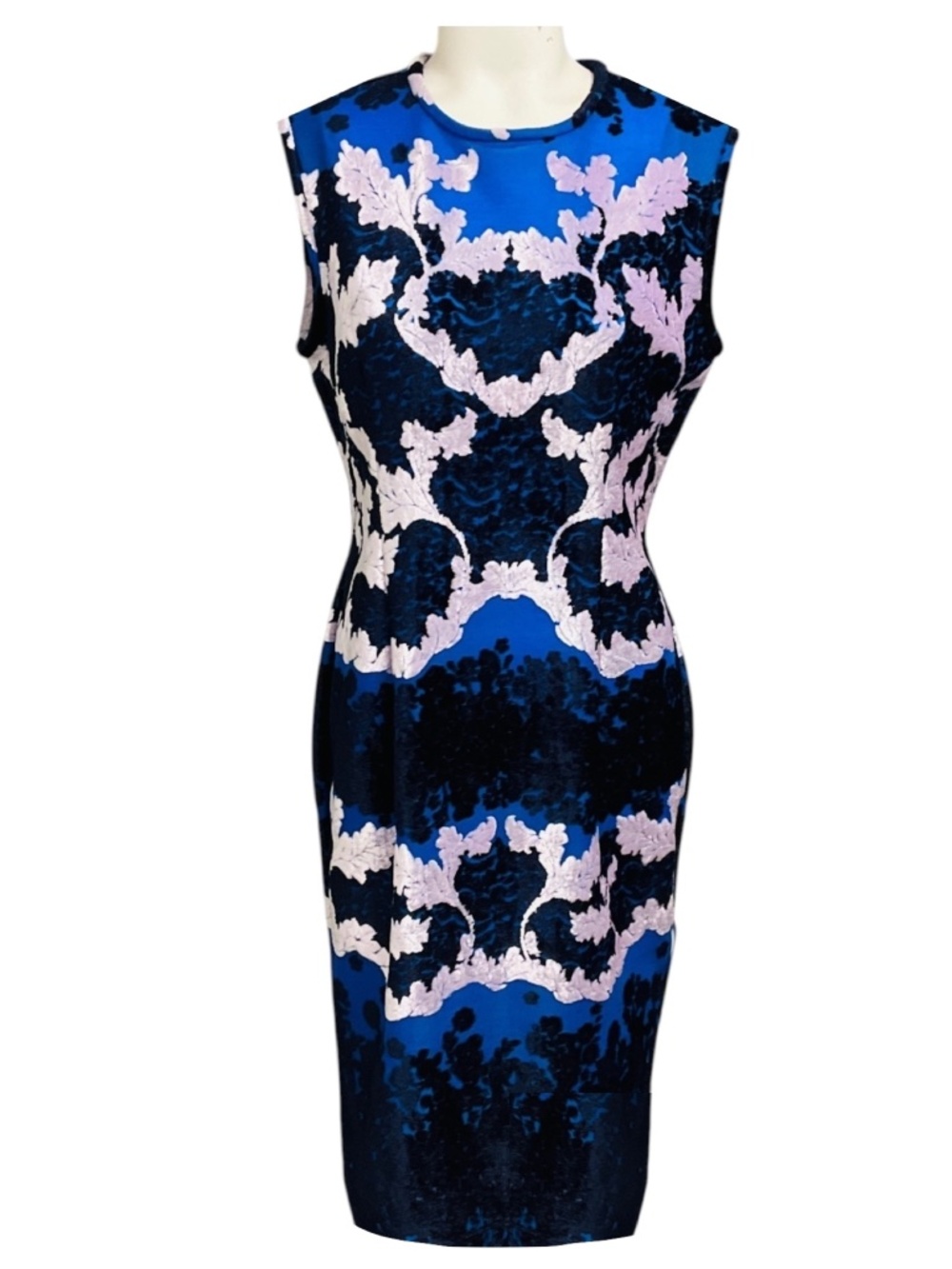 YIGAL AZROUEL BLUE MULTI BAJAM DAISY TRELLIS BURN OUT DRESS